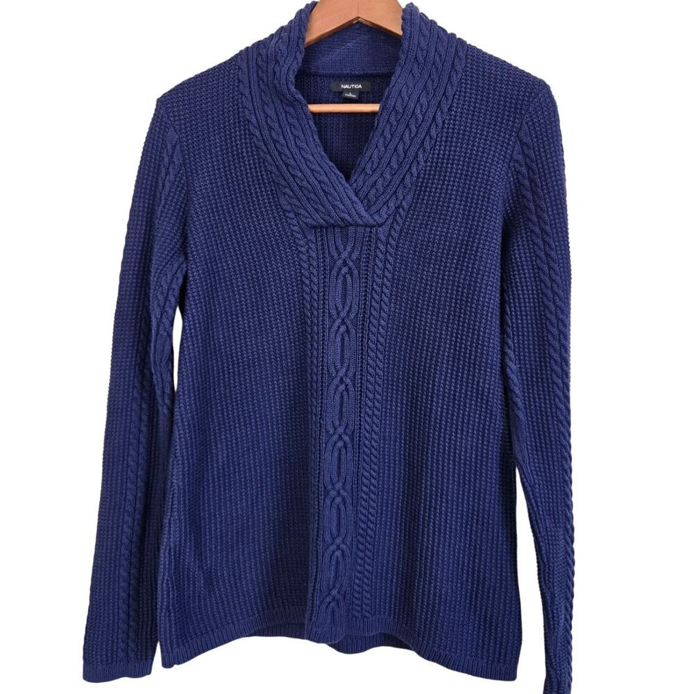 Classic Preppy Coastal Grandma Fisherman Navy Cable‑Knit 100% Cotton Sweater L